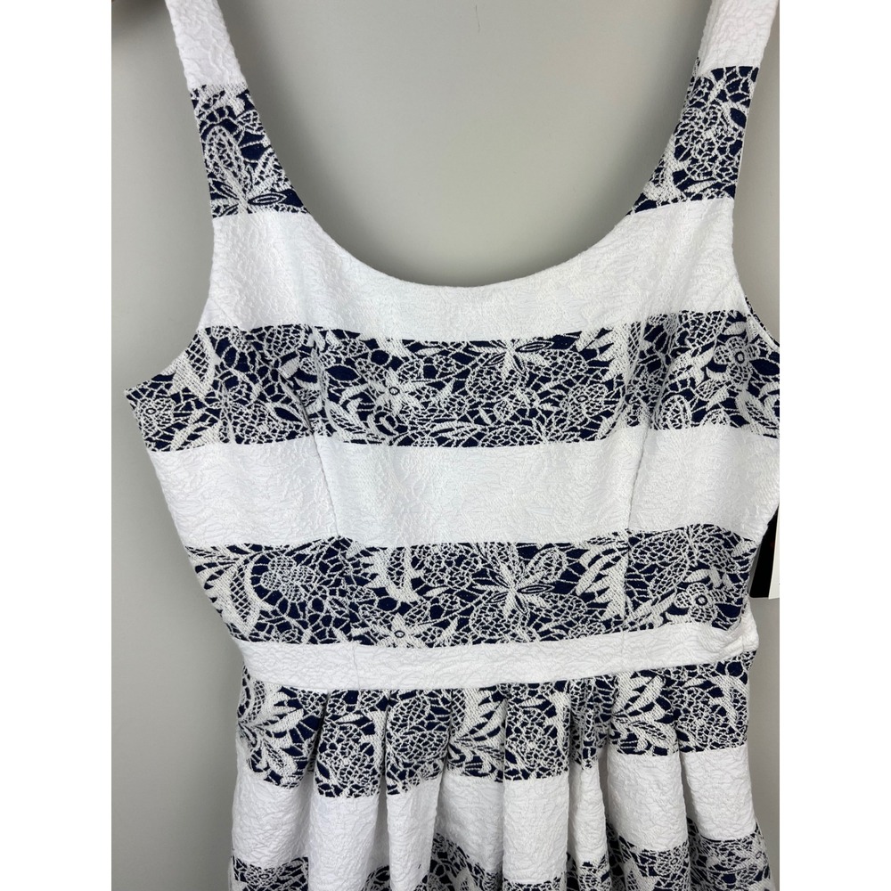 Nautical Navy Blue White Floral Lace‎ Striped Fit Flare Dress size Meduim - Picture 2 of 10